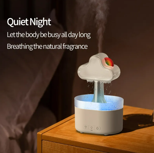 Rainbow Rain Cloud Humidifier – 7-Color LED Night Light & Quiet Ultrasonic Mist Maker