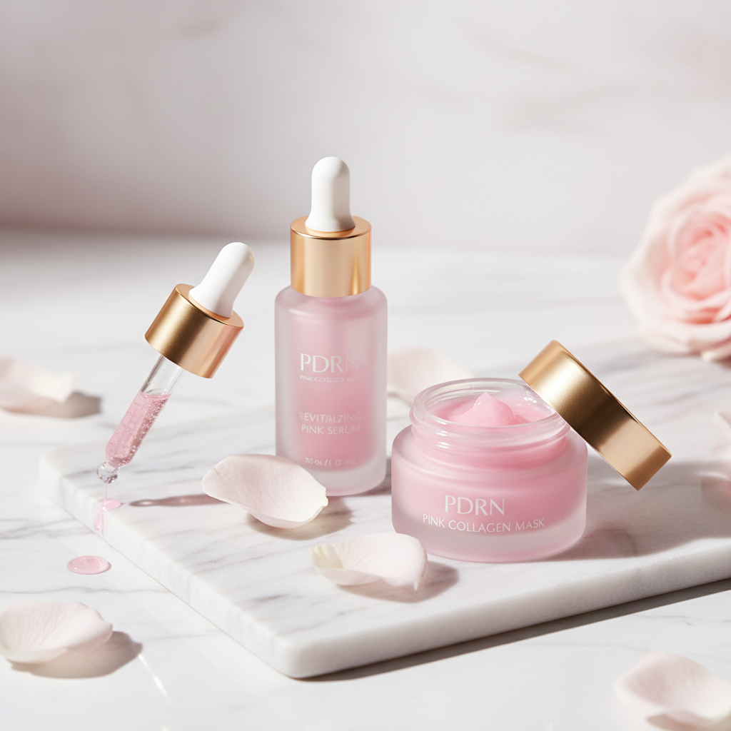 PDRN Pink Collagen Mask on marble surface with rose petals